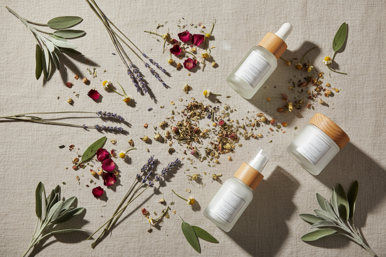 A close-up shot of herbs, bath tea laid out, A soft photo of your skincare, A calming, neutral background, a simple plant/herbal flatlay
