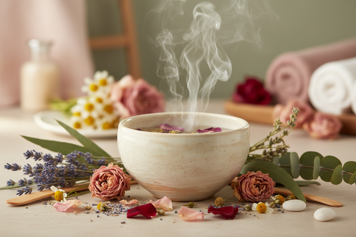 A luxurious herbal facial steam crafted to soften the skin, open the senses, and melt stress away.
